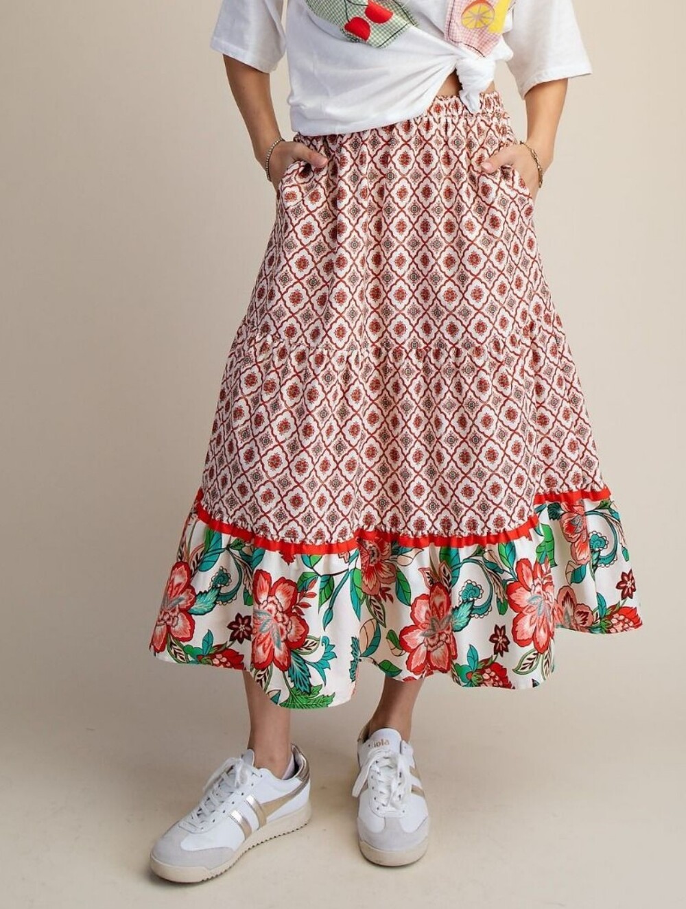6-0706 Block print Tiered Midi Skirt in Red Floral